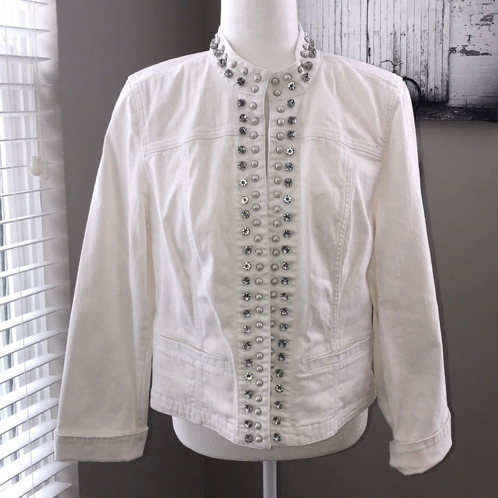 Chico's White Embellished Jean Jacket Chico’s Size 1 or Medium